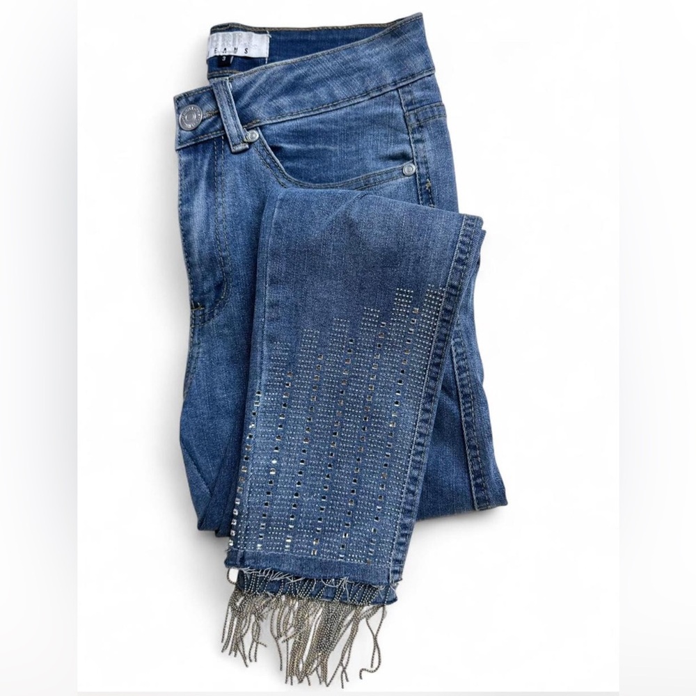 Thrill Distressed denim fringe jeans with studded details #festivalvibes
